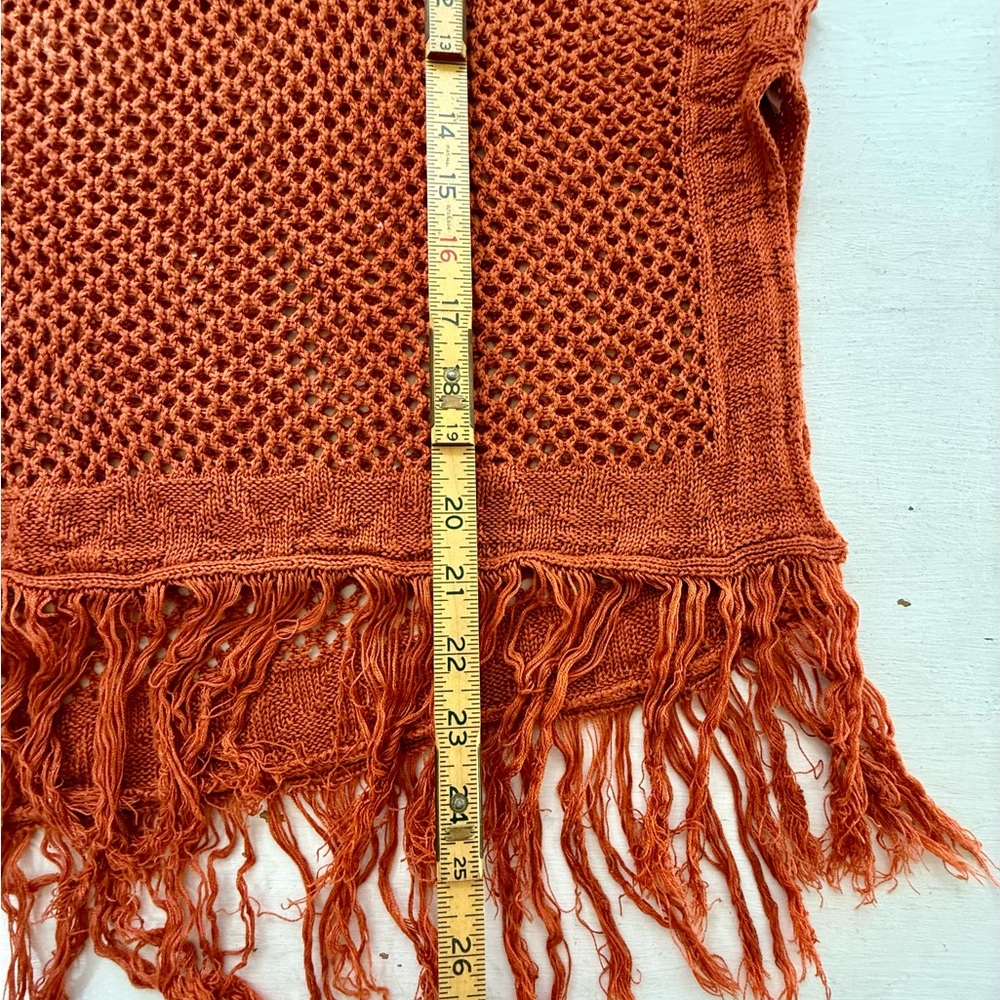 Boho Women’s Crocheted Poncho Swim Cover Up Fringe Hem Pumpkin Spice Rust - Picture 9 of 11
